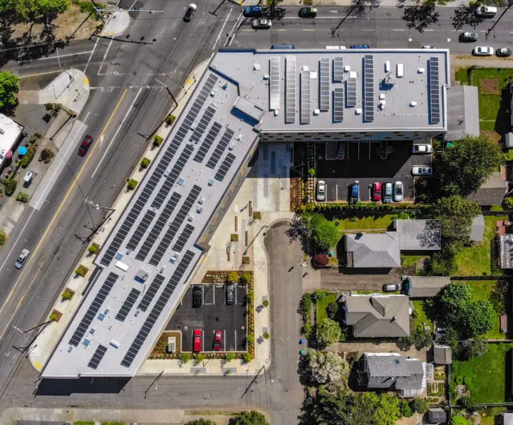 Bird’s-eye view of 72Foster to show the building’s interesting shape and neighborhood context.