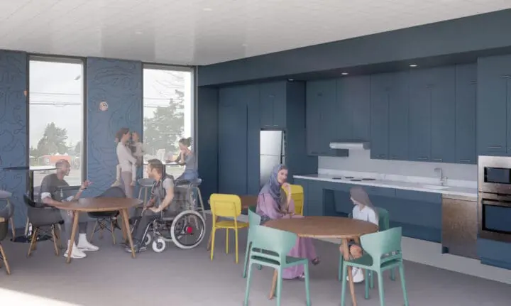 An interior rendering of the kitchen in 73Foster’s ground-floor community room.